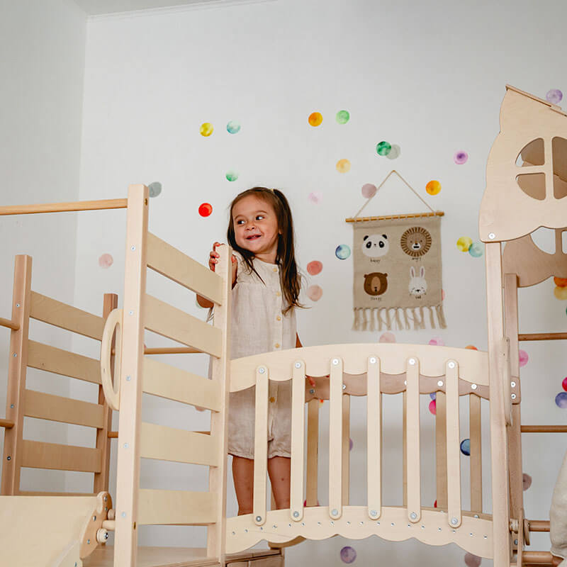Indoor Climber for Kids Natural Wood Elevated Bridge Platform