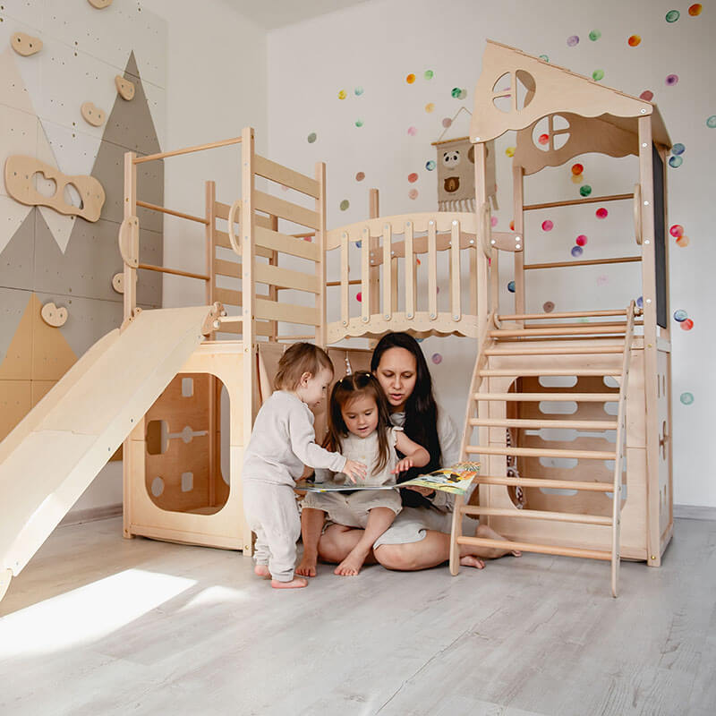 Indoor Climber for Kids Natural Wood Horizontal Bar Above Slide With Mother and Kids