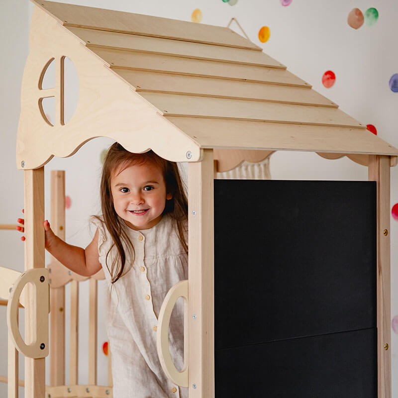 Indoor Climber for Kids Natural Wood Slanted Roof With Horizontal Slats