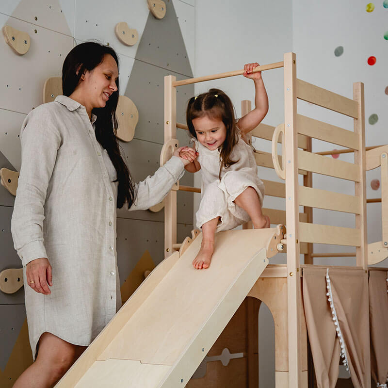 Indoor Climber for Kids Natural Wood Slide With Horizontal Support Bar