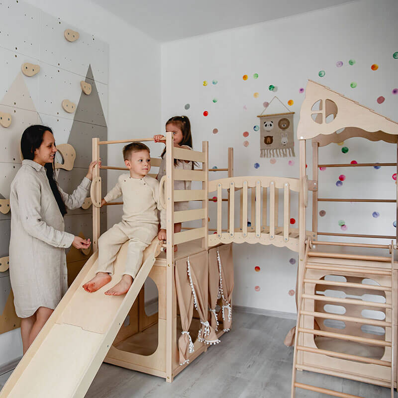 Indoor Climber for Kids Natural Wood Slide With Kids