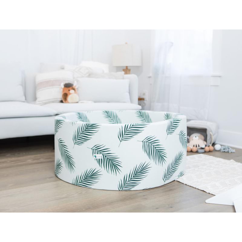 little-big-playroom-ball-pit-boho-palm-ball-pit-100-porcelain-and-100-pearl-balls-front-view-in-the-living-room