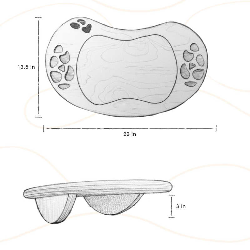 Loomi Wobble Board dimensions showing 22.5 by 14 by 3 inches