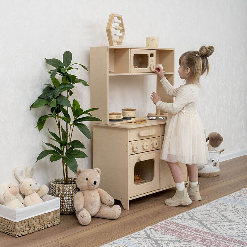 Montessori Play Kitchen Little Girl Playing Side View