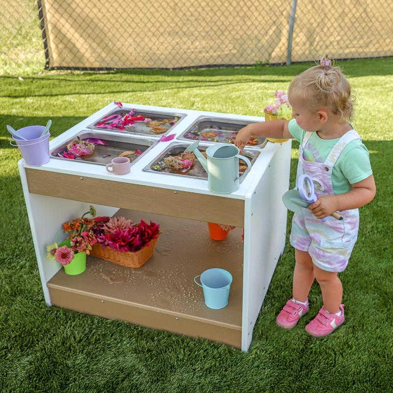 outdoor sensory table with easy clean out trays with lower storage shelf