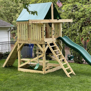 Pathfinder Swing Set: Space Saver Edition in a small backyard