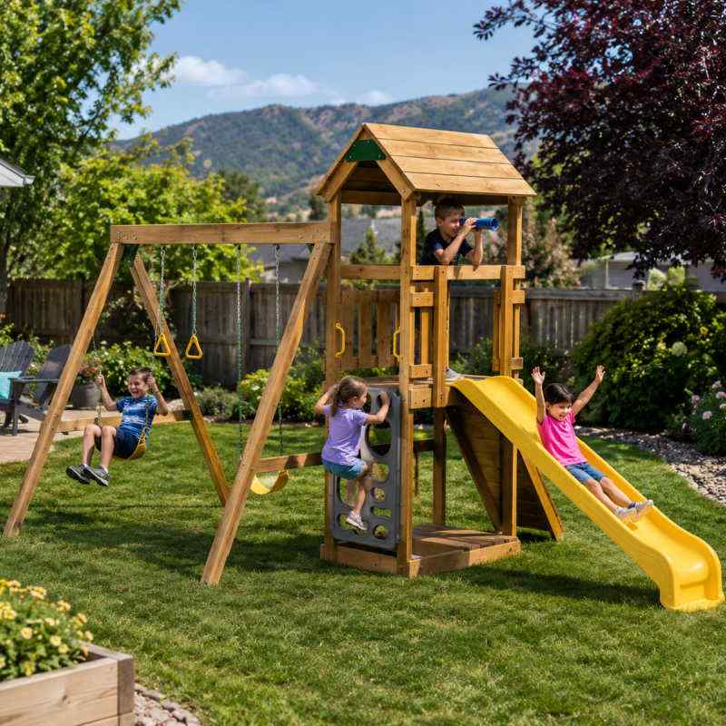 PlayStar Trainer Starter Quick Assembly Wooden Playset – backyard playground with kids playing
