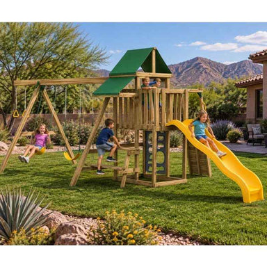 PlayStar Varsity Bronze Wooden Playset – backyard view with slide, swings, and climbing features