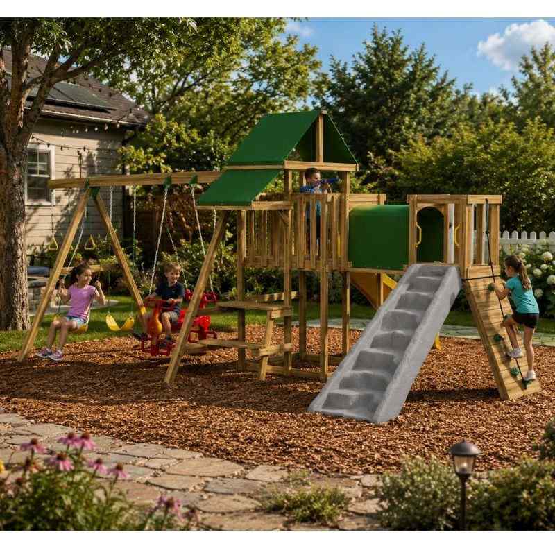 PlayStar Varsity Gold premium wooden playset in a backyard with kids