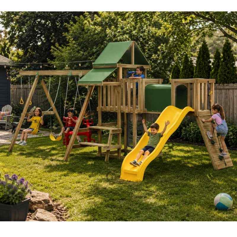 PlayStar Varsity Silver wooden playset in a backyard with kids