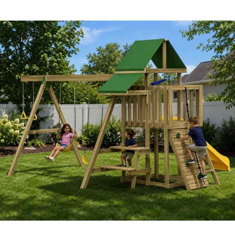 PlayStar Varsity Starter wooden playset in a backyard
