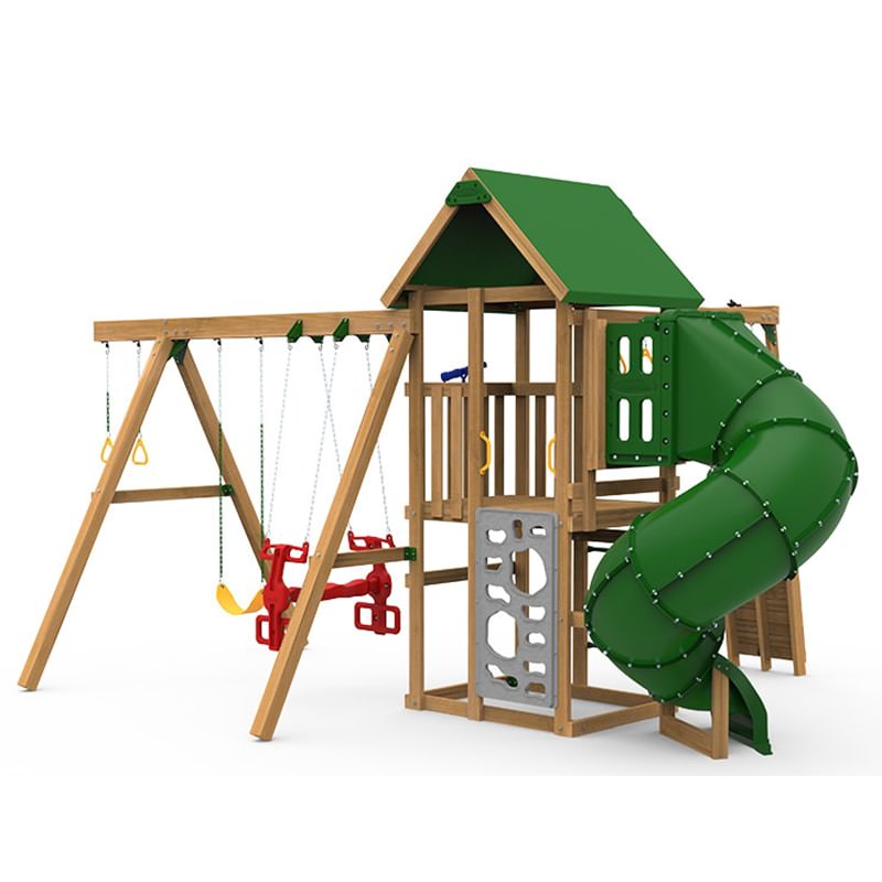 playstar-plateau-gold-outdoor-playset-front-view-with-5-ft-spiral-tube-slide-vertical-climber-climbing-rocks