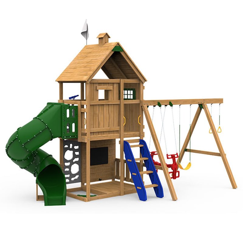 playstar-ridgeline-gold-outdoor-playset-front-view-spiral-tube-slide-chalkboard-sand-box-seat