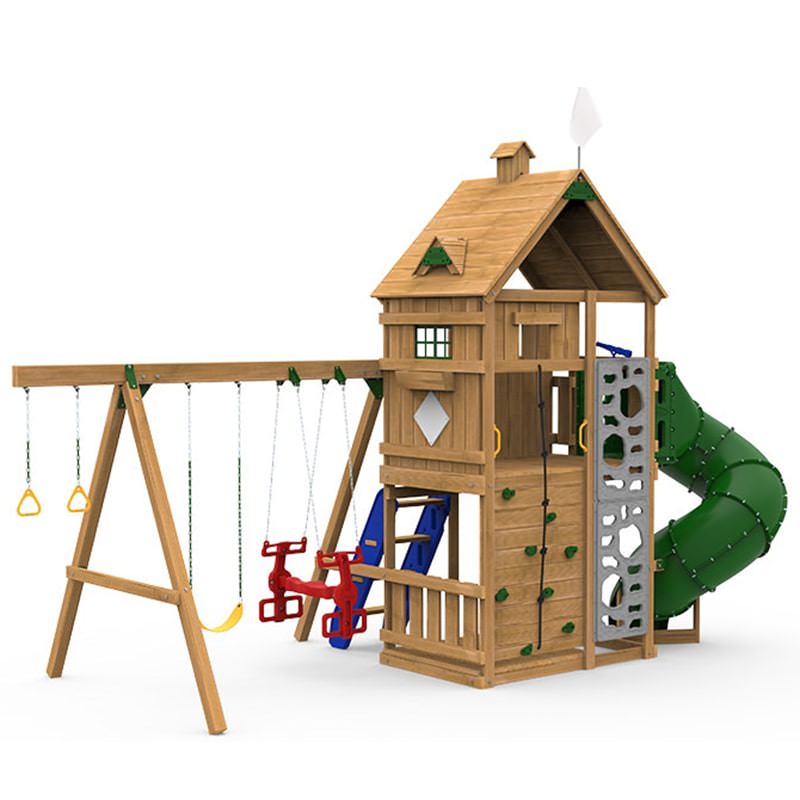 playstar-ridgeline-gold-outdoor-playset-front-view-spiral-tube-slide-chalkboard-sand-box-seat