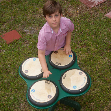 Quadddd Play Drum Table Playground Musical Equipment Cloverleaf Pattern on a Green Stand