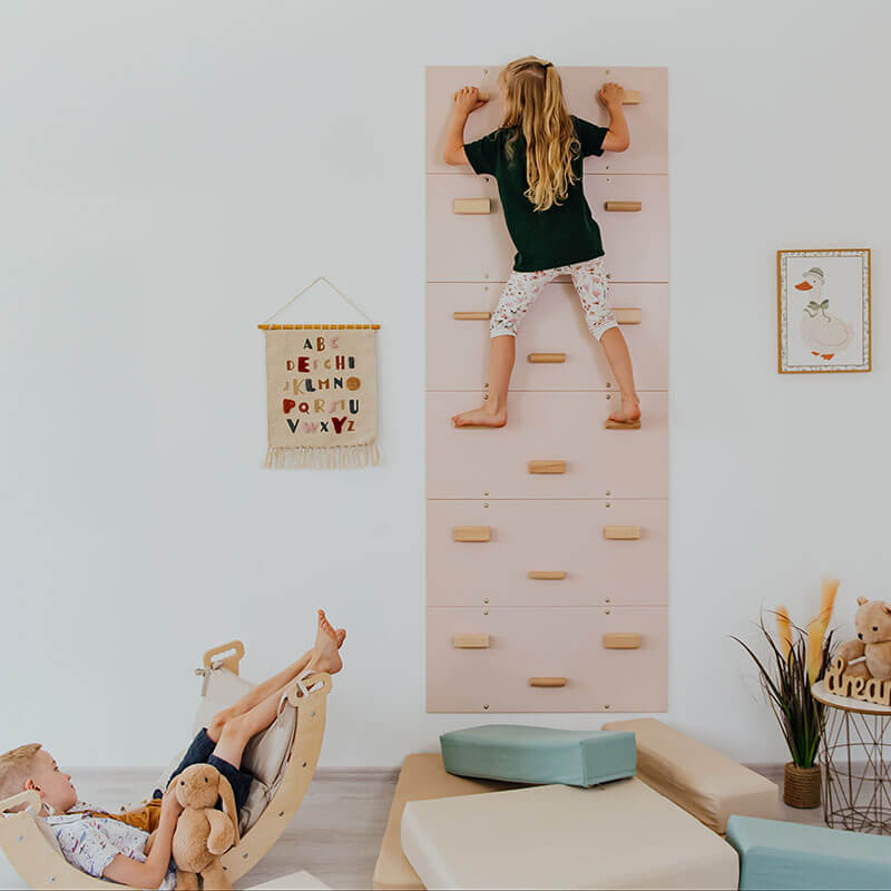 Rock Climbing Wall Soft Sand Set of 6 Panels Front View With Kids