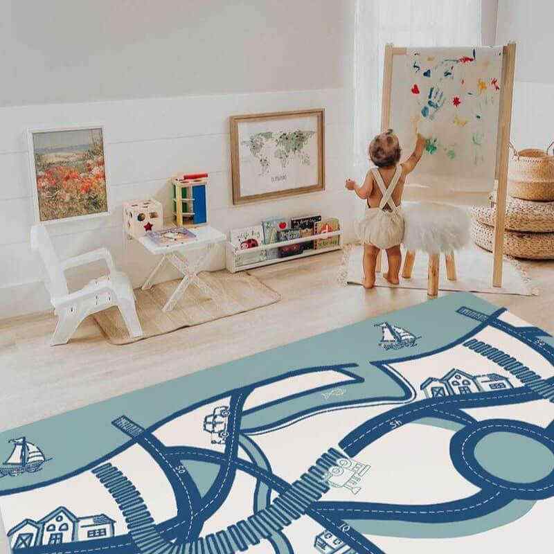 Shwally August Rose White Reversible Playmat with a toddler in a playroom