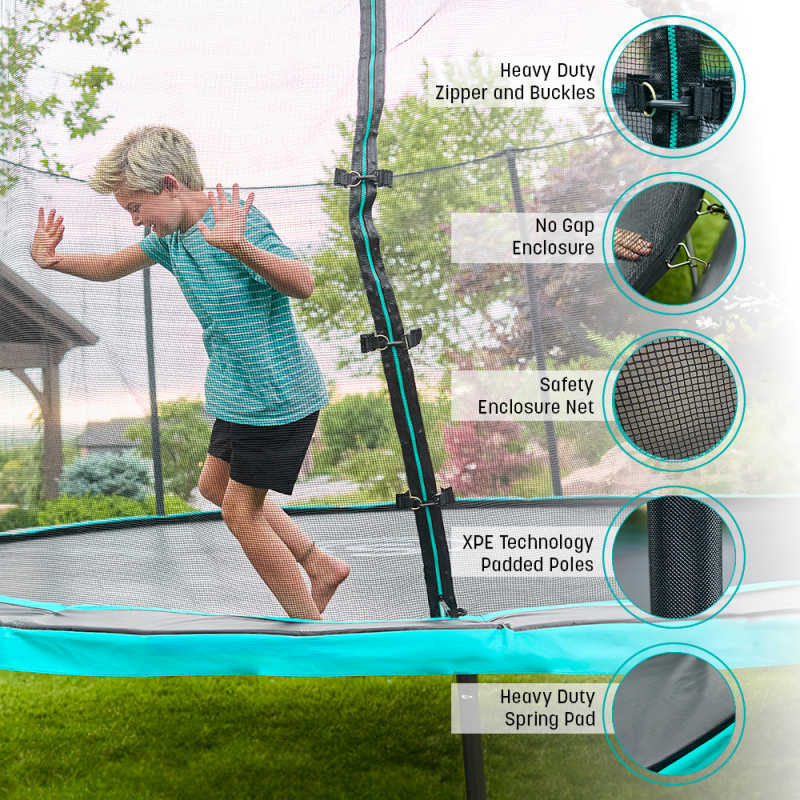Skywalker Round Trampoline Safety Info with kid jumping