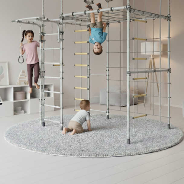Spider max v3 indoor jungle gym in grey with kids playing in a playroom