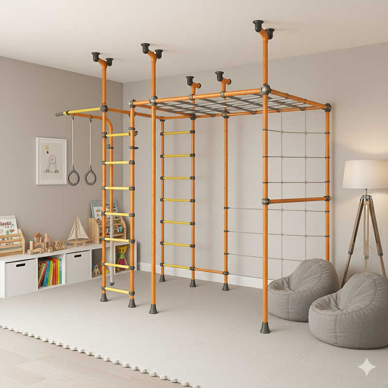 Spider Max v3 indoor jungle gym in orange in a playroom