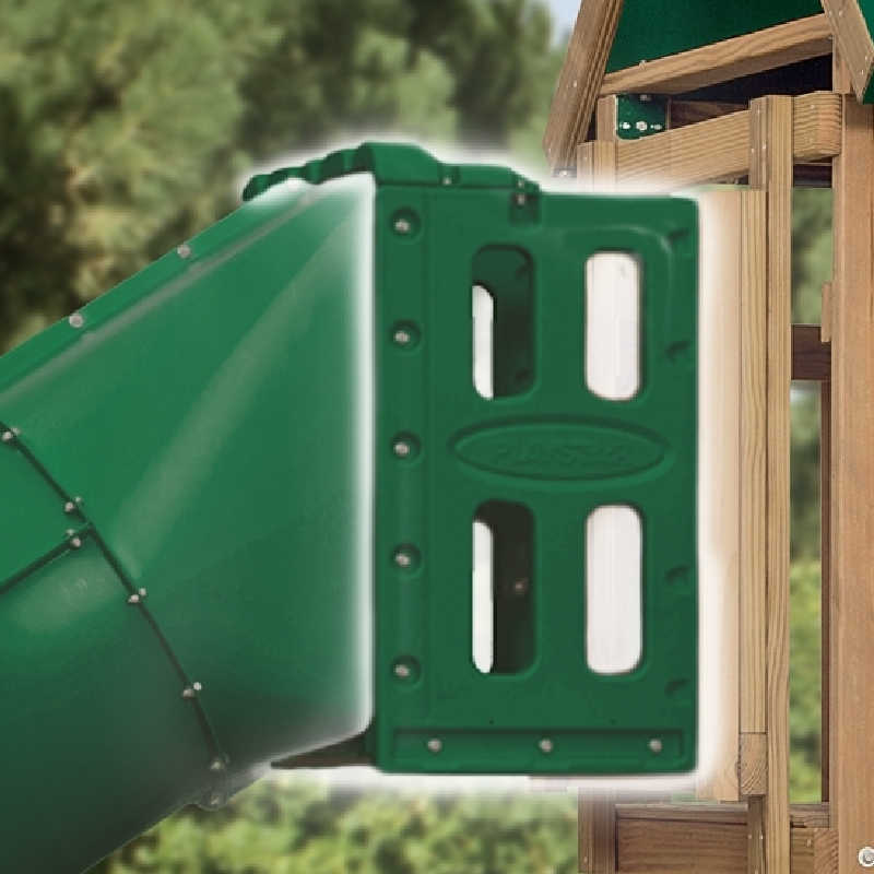 Spiral tube slide in green attached to a playset