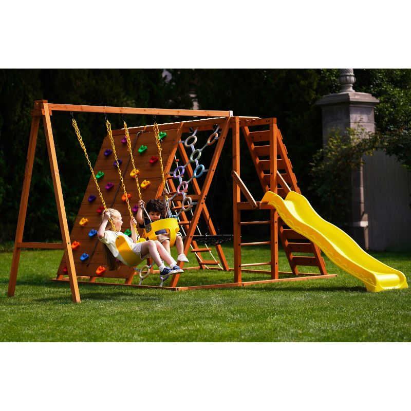 Sycamore Swing Set and Outdoor Climber with kids swinging