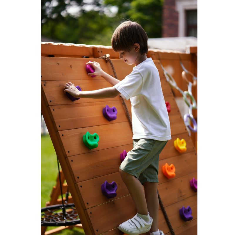 Sycamore Swing Set and Outdoor Climber with boy climbing