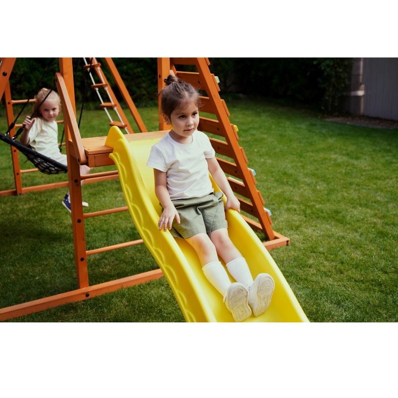 Sycamore Swing Set and Outdoor Climber with girl on slide
