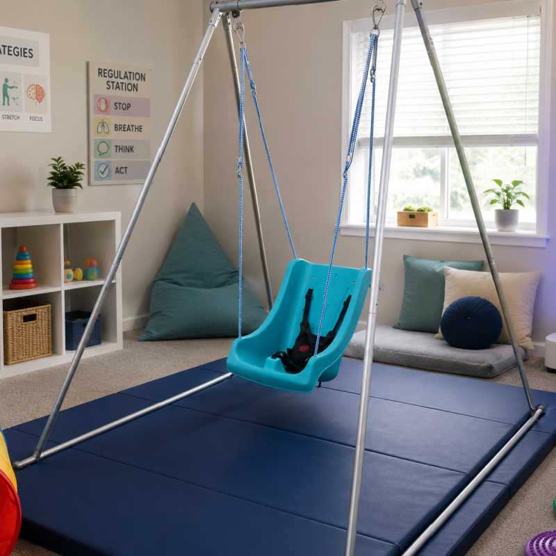 TFH Full Support Swing Seat on a portable swing in a therapy room