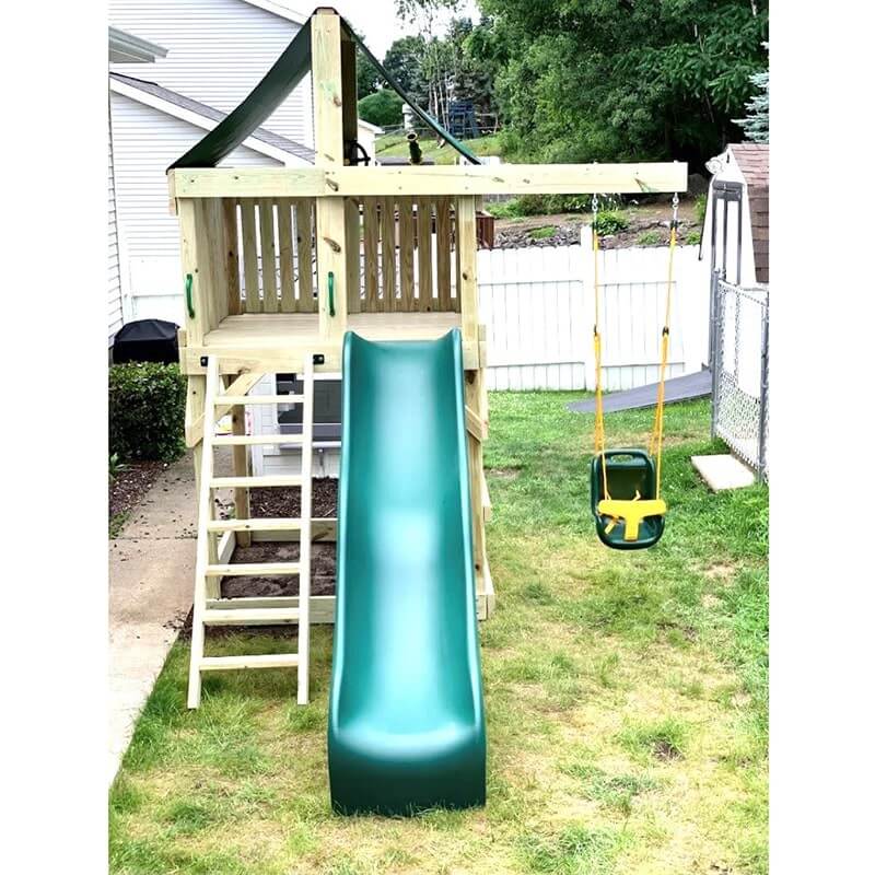 The SwingSet Co. Pioneer Swing Set - Space Saver Edition Front View Up Closs  Backyard Outdoor