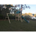 The SwingSet Co. Premier Swing Set Corner View Showing A Kid Sliding