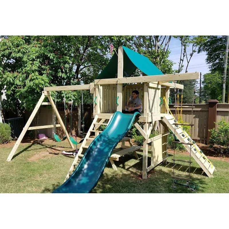 The SwingSet Co. Summit Swing Set - Space Saver Edition Front View Outdoor