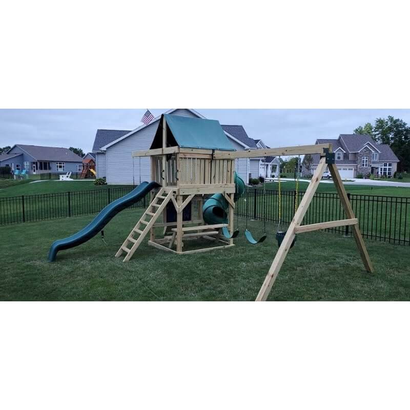 The SwingSet Co. Ultimate Swing Set Lifestyle Front Left Side View Angled Outdoor