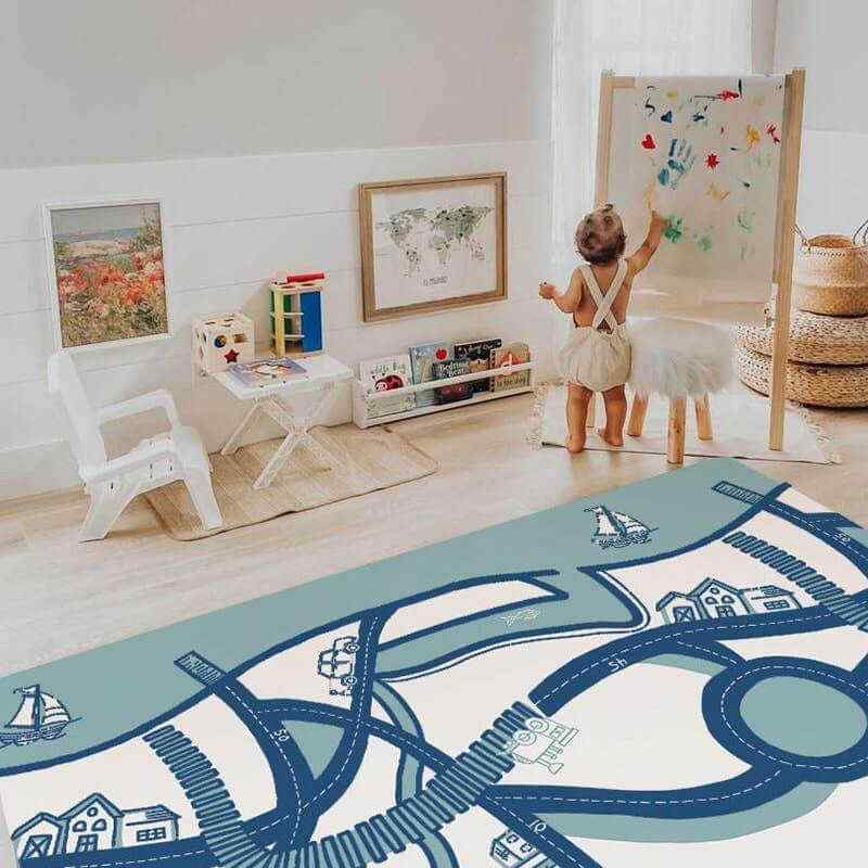 The Bowie Shwally Playmat with a toddler in a playroom