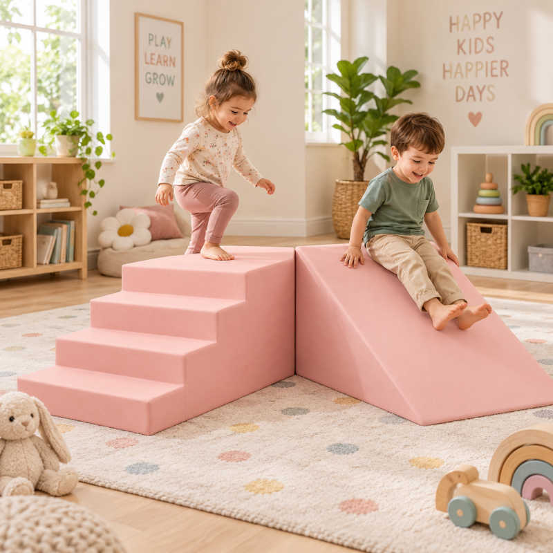 TumbleHouse Foam Ramp + Stairs in pink with kids in a playroom
