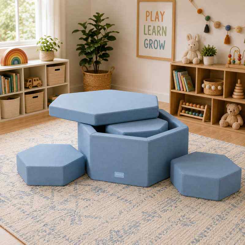 TumbleHouse Play Hexagon in blue in a playroom