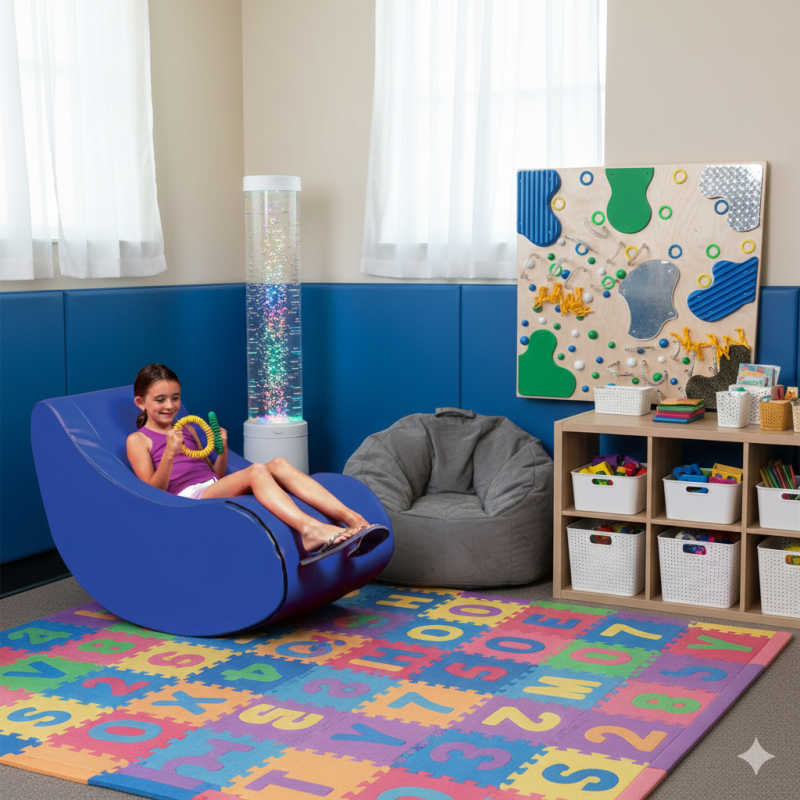 Vibroacoustic Jr Therapy Chair in a therapy room with a girl rocking