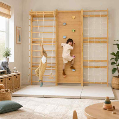 Walnut Modular Swedish Ladder Jungle Gym - 79 Inch Wall Mounted with kids in a playroom