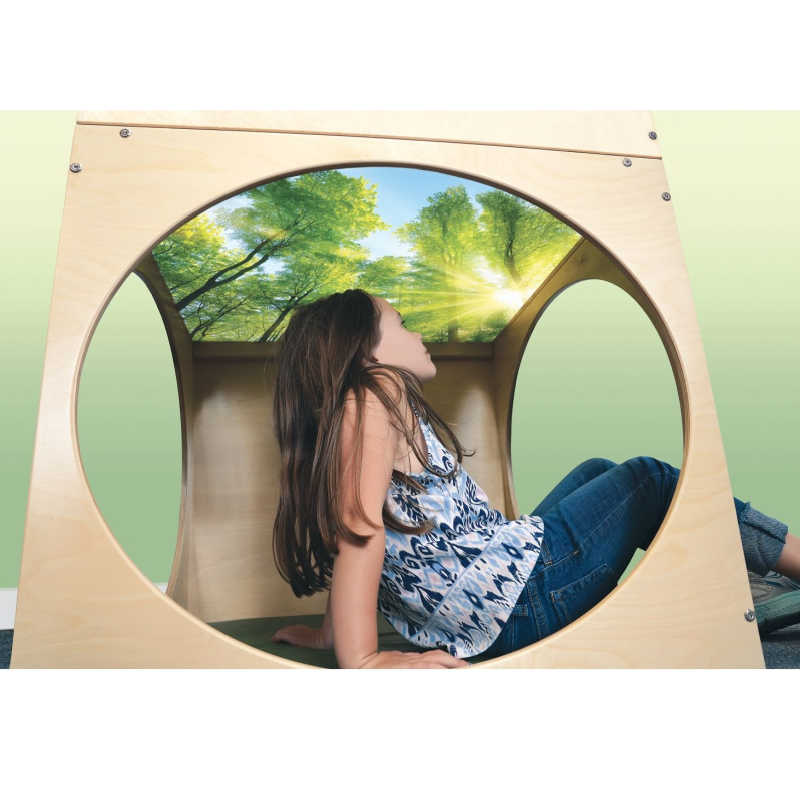 Whitney Brothers® Superbright LED Creative Cube, Sensory Light Table and Mat (WB0788) with girl looking at the nature scene on the ceiling