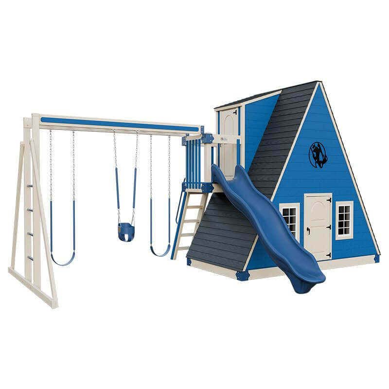 alpine retreat 2 story playhouse with slide almond blue front left