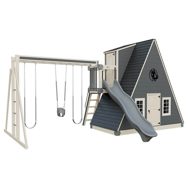 alpine retreat 2 story playhouse with slide almond gray front left