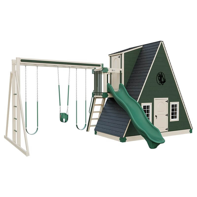 alpine retreat 2 story playhouse with slide almond green front left