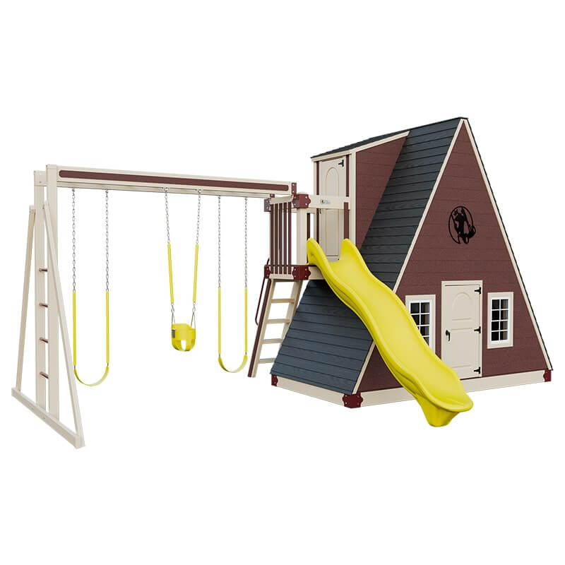 alpine retreat 2 story playhouse with slide almond red yellow front left
