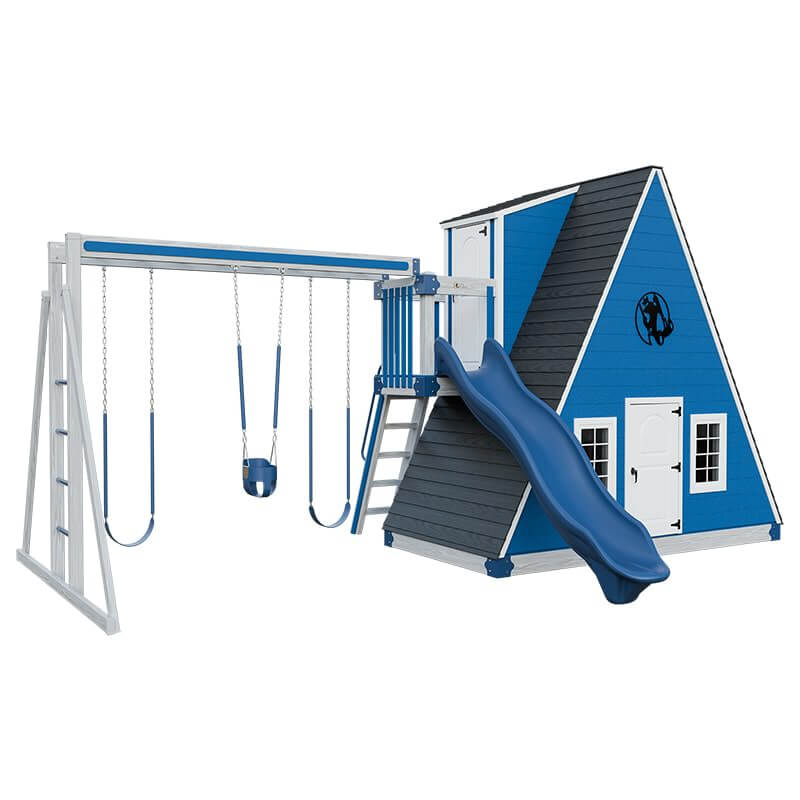 alpine retreat 2 story playhouse with slide ash wood blue front left