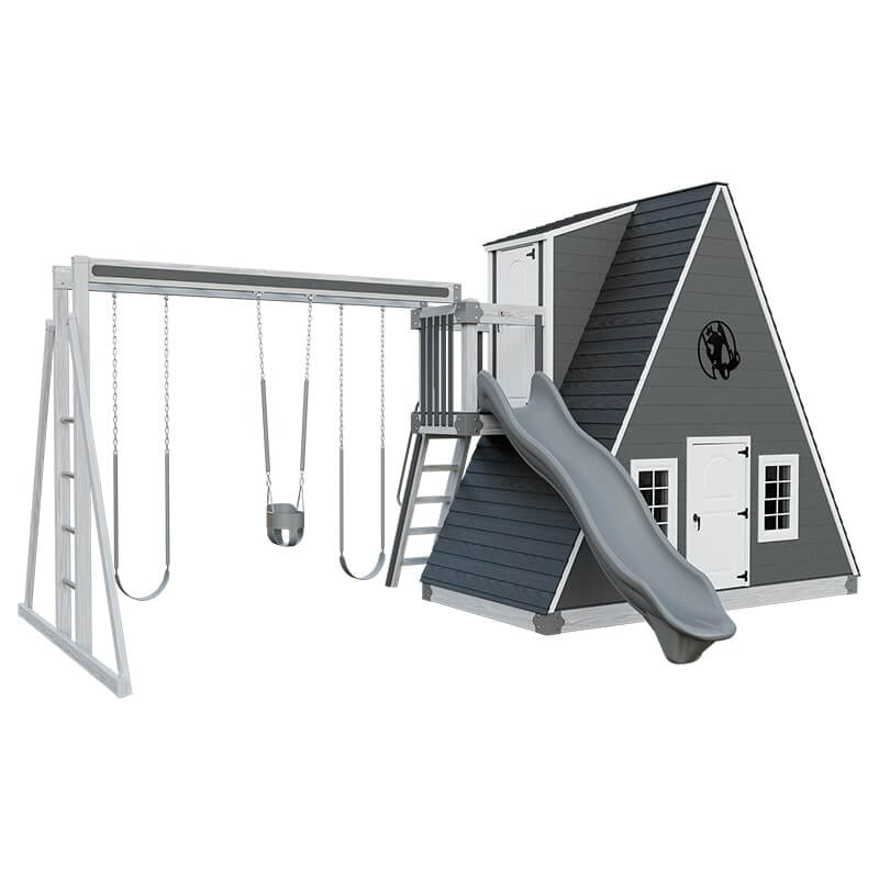 alpine retreat 2 story playhouse with slide ash wood gray front left