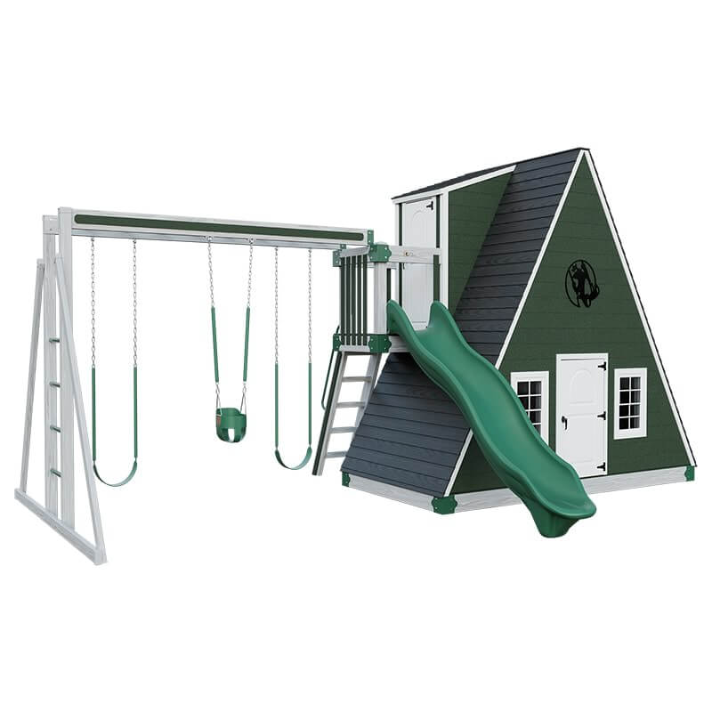 alpine retreat 2 story playhouse with slide ash wood green front left
