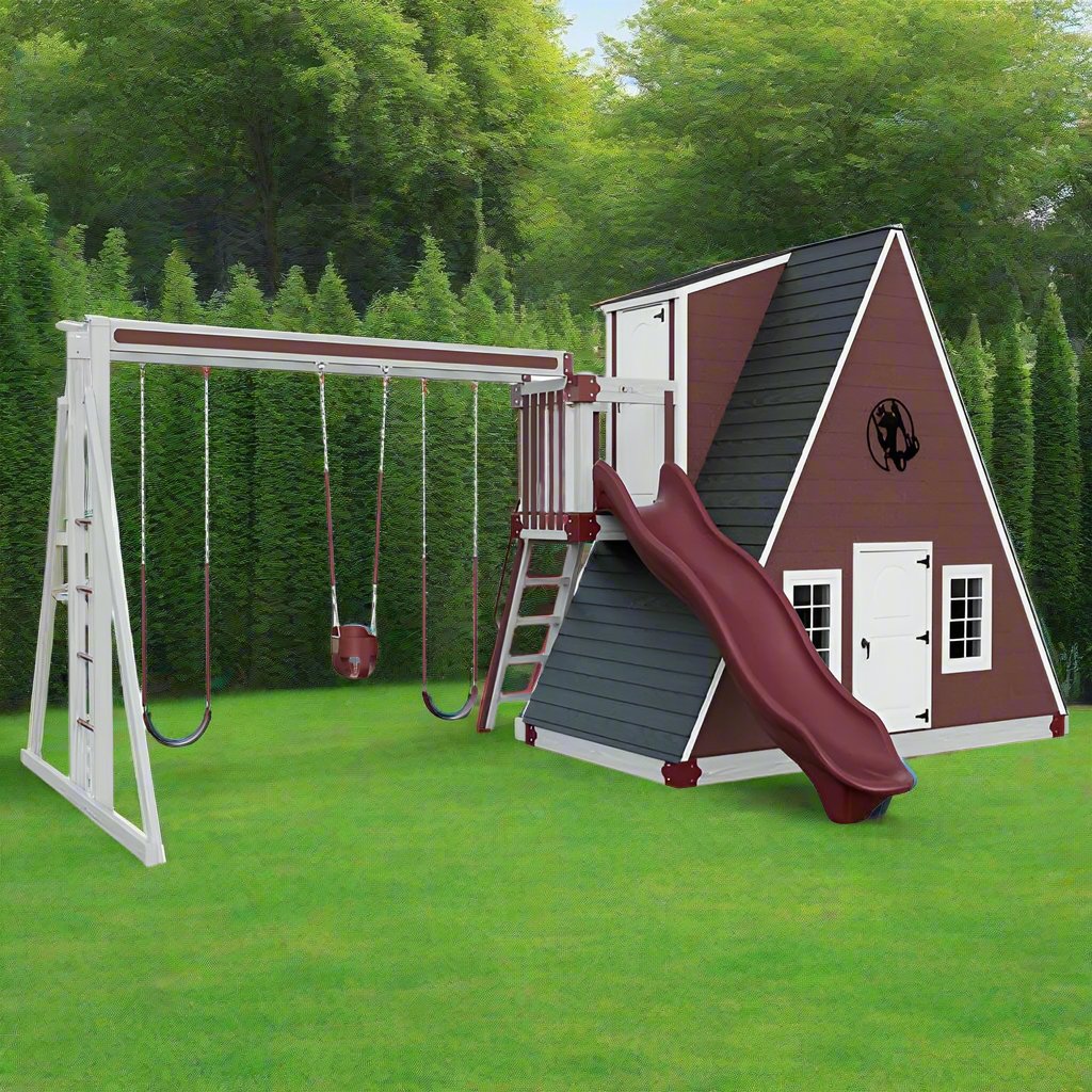 alpine retreat 2 story playhouse with slide ash wood red front left