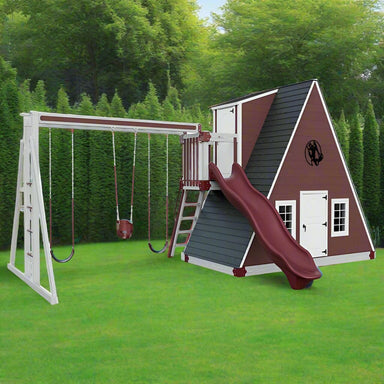 alpine retreat 2 story playhouse with slide ash wood red front left
