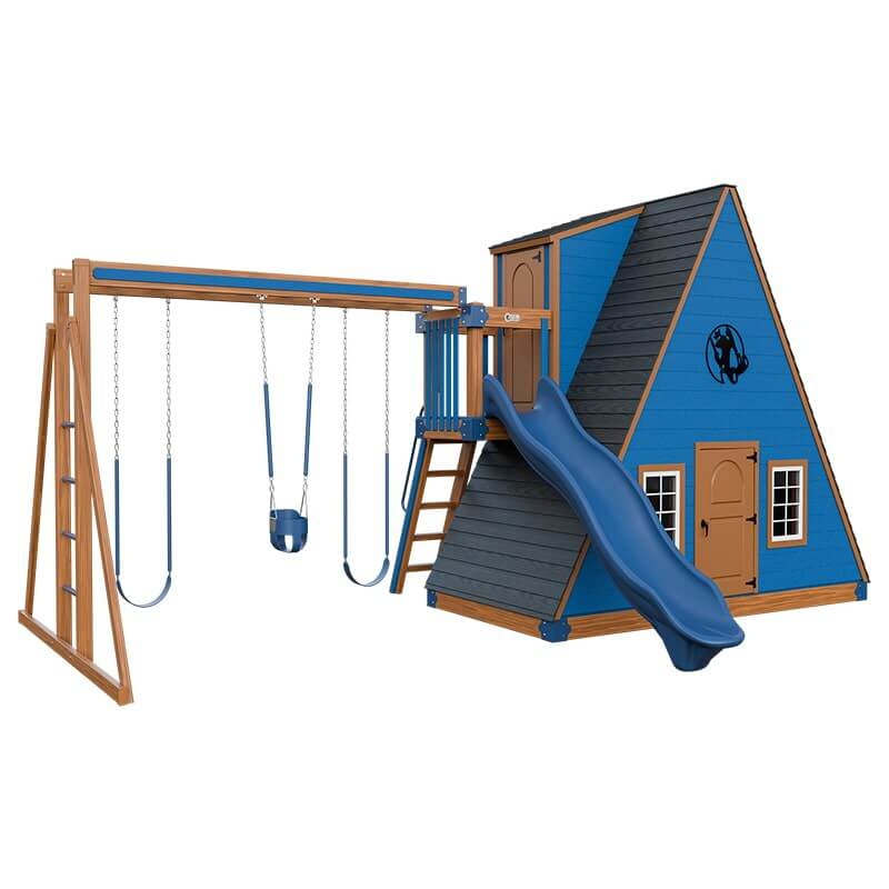 alpine retreat 2 story playhouse with slide chestnut wood blue front left