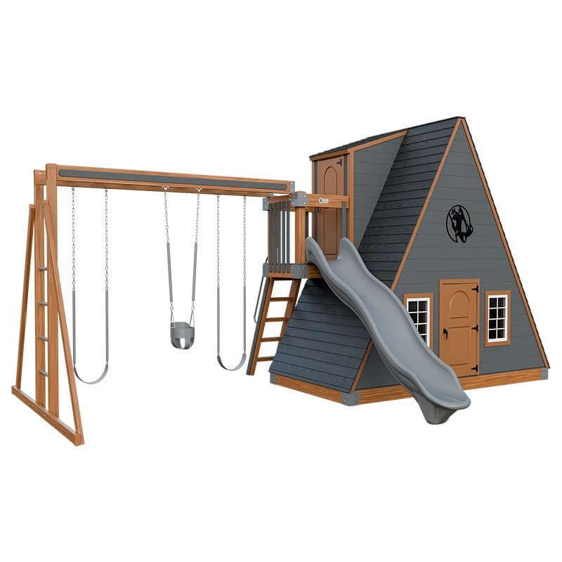 alpine retreat 2 story playhouse with slide chestnut wood gray front left